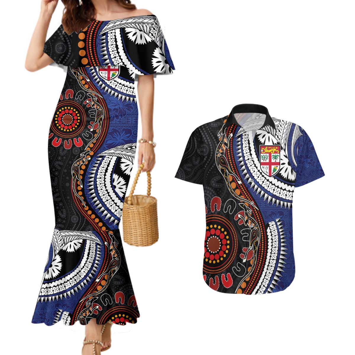 Fiji and Australia Together Couples Matching Mermaid Dress and Hawaiian Shirt Kangaroo Aboriginal with Tribal Tapa Hibiscus Half Style - Aussie Hoodie