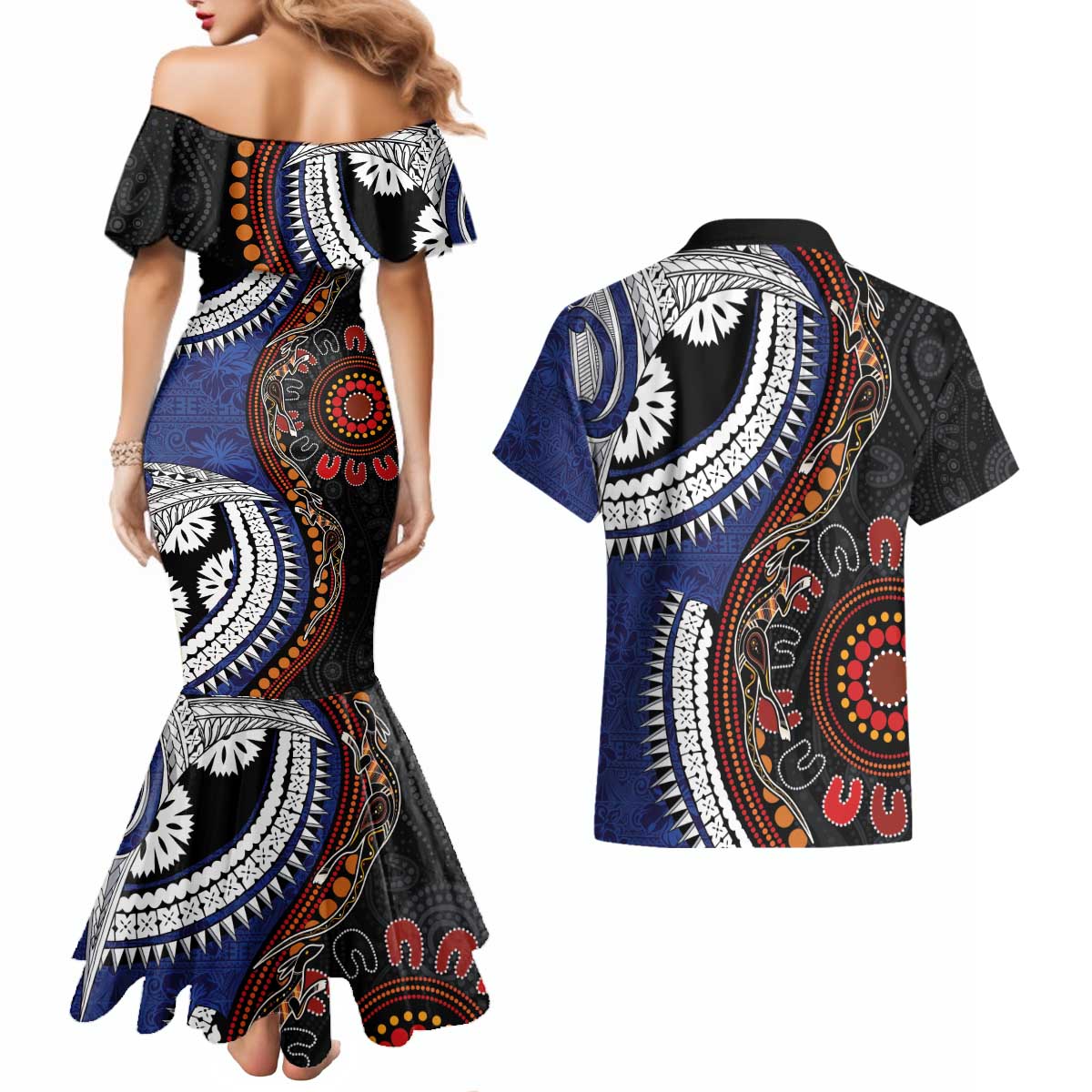 Fiji and Australia Together Couples Matching Mermaid Dress and Hawaiian Shirt Kangaroo Aboriginal with Tribal Tapa Hibiscus Half Style - Aussie Hoodie