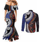 Fiji and Australia Together Couples Matching Mermaid Dress and Long Sleeve Button Shirt Kangaroo Aboriginal with Tribal Tapa Hibiscus Half Style - Aussie Hoodie