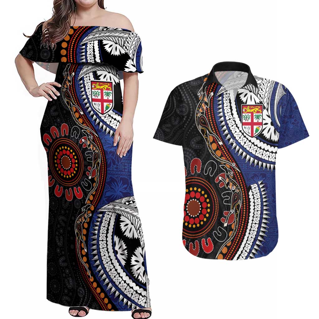 Fiji and Australia Together Couples Matching Off Shoulder Maxi Dress and Hawaiian Shirt Kangaroo Aboriginal with Tribal Tapa Hibiscus Half Style - Aussie Hoodie