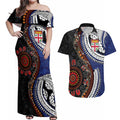 Fiji and Australia Together Couples Matching Off Shoulder Maxi Dress and Hawaiian Shirt Kangaroo Aboriginal with Tribal Tapa Hibiscus Half Style - Aussie Hoodie