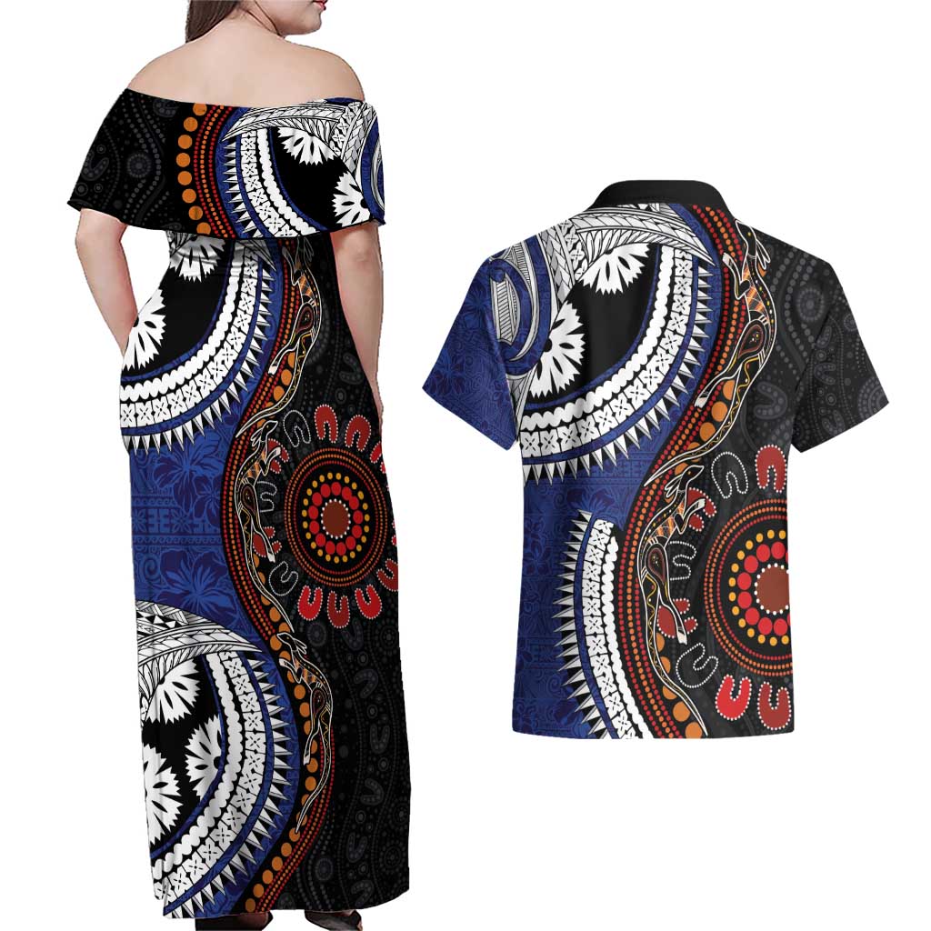 Fiji and Australia Together Couples Matching Off Shoulder Maxi Dress and Hawaiian Shirt Kangaroo Aboriginal with Tribal Tapa Hibiscus Half Style - Aussie Hoodie
