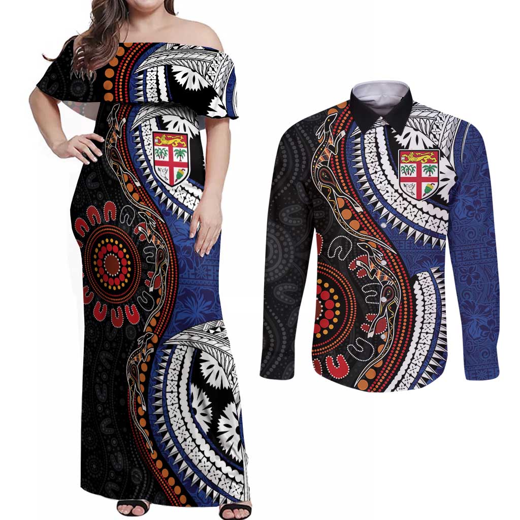 Fiji and Australia Together Couples Matching Off Shoulder Maxi Dress and Long Sleeve Button Shirt Kangaroo Aboriginal with Tribal Tapa Hibiscus Half Style - Aussie Hoodie