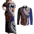 Fiji and Australia Together Couples Matching Off Shoulder Maxi Dress and Long Sleeve Button Shirt Kangaroo Aboriginal with Tribal Tapa Hibiscus Half Style - Aussie Hoodie