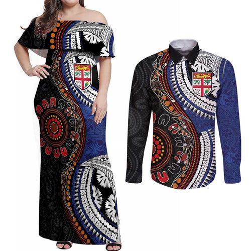 Fiji and Australia Together Couples Matching Off Shoulder Maxi Dress and Long Sleeve Button Shirt Kangaroo Aboriginal with Tribal Tapa Hibiscus Half Style - Aussie Hoodie