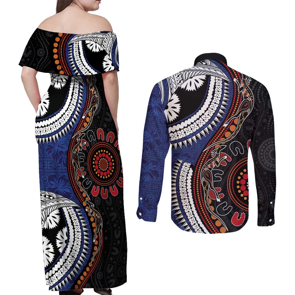 Fiji and Australia Together Couples Matching Off Shoulder Maxi Dress and Long Sleeve Button Shirt Kangaroo Aboriginal with Tribal Tapa Hibiscus Half Style - Aussie Hoodie