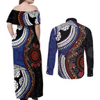 Fiji and Australia Together Couples Matching Off Shoulder Maxi Dress and Long Sleeve Button Shirt Kangaroo Aboriginal with Tribal Tapa Hibiscus Half Style - Aussie Hoodie