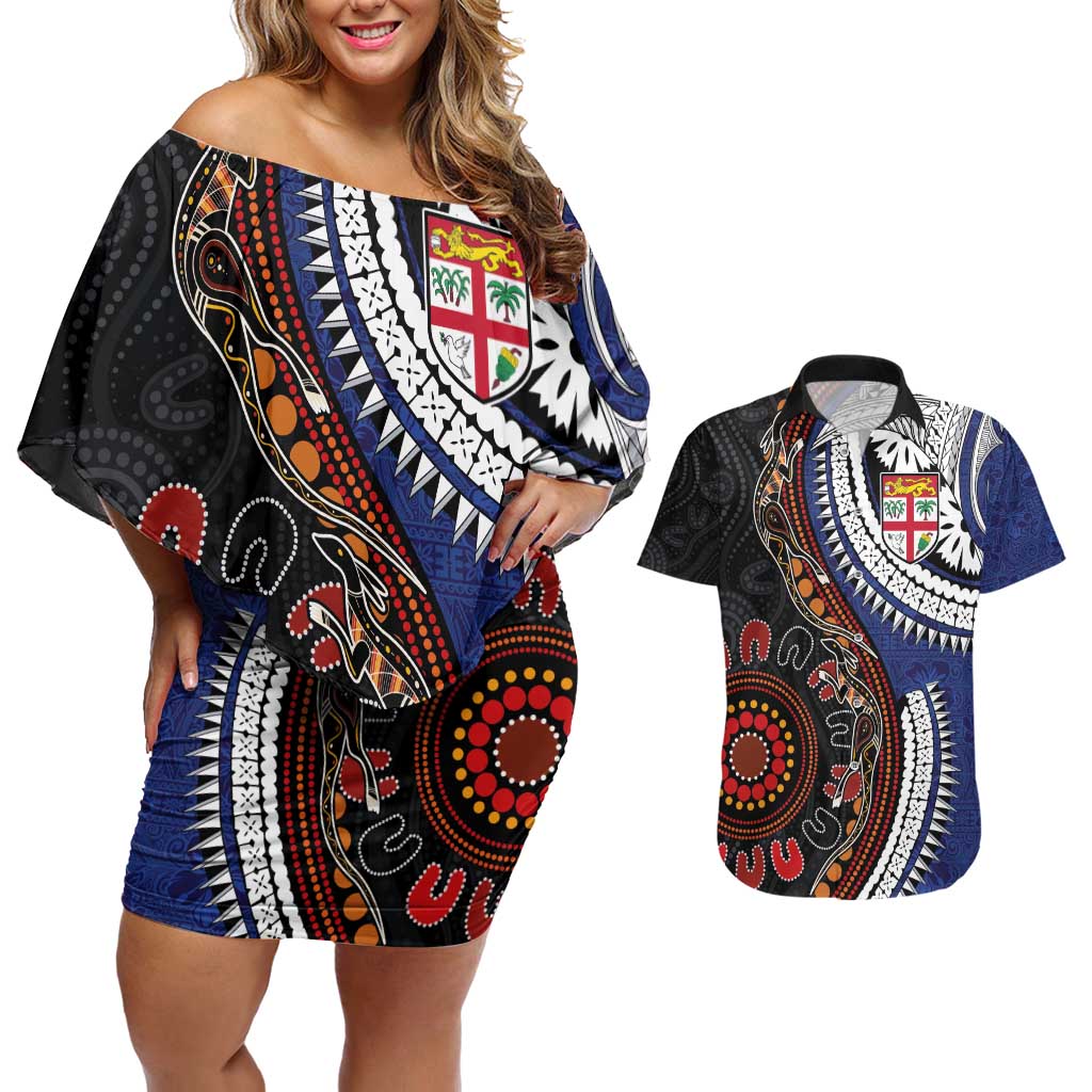 Fiji and Australia Together Couples Matching Off Shoulder Short Dress and Hawaiian Shirt Kangaroo Aboriginal with Tribal Tapa Hibiscus Half Style - Aussie Hoodie