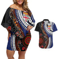 Fiji and Australia Together Couples Matching Off Shoulder Short Dress and Hawaiian Shirt Kangaroo Aboriginal with Tribal Tapa Hibiscus Half Style - Aussie Hoodie