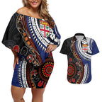 Fiji and Australia Together Couples Matching Off Shoulder Short Dress and Hawaiian Shirt Kangaroo Aboriginal with Tribal Tapa Hibiscus Half Style - Aussie Hoodie