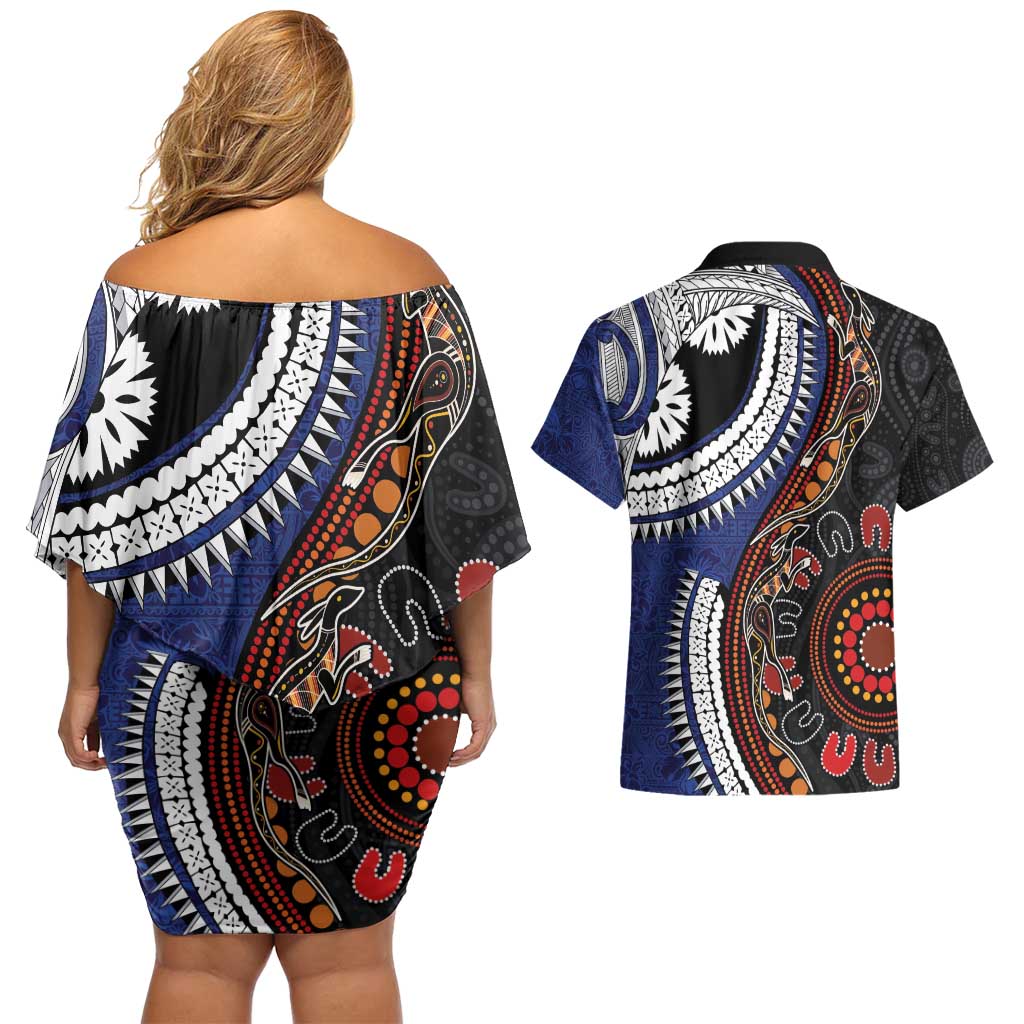 Fiji and Australia Together Couples Matching Off Shoulder Short Dress and Hawaiian Shirt Kangaroo Aboriginal with Tribal Tapa Hibiscus Half Style - Aussie Hoodie