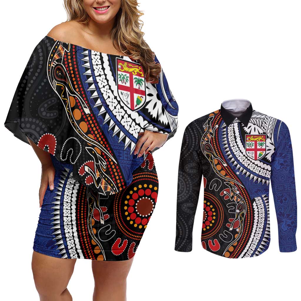 Fiji and Australia Together Couples Matching Off Shoulder Short Dress and Long Sleeve Button Shirt Kangaroo Aboriginal with Tribal Tapa Hibiscus Half Style - Aussie Hoodie
