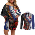 Fiji and Australia Together Couples Matching Off Shoulder Short Dress and Long Sleeve Button Shirt Kangaroo Aboriginal with Tribal Tapa Hibiscus Half Style - Aussie Hoodie