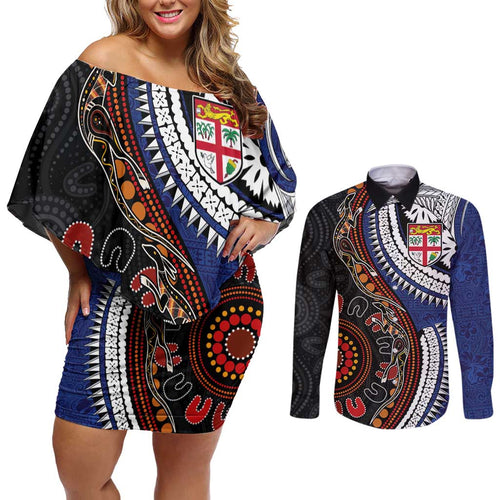 Fiji and Australia Together Couples Matching Off Shoulder Short Dress and Long Sleeve Button Shirt Kangaroo Aboriginal with Tribal Tapa Hibiscus Half Style - Aussie Hoodie