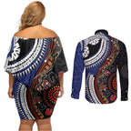Fiji and Australia Together Couples Matching Off Shoulder Short Dress and Long Sleeve Button Shirt Kangaroo Aboriginal with Tribal Tapa Hibiscus Half Style - Aussie Hoodie