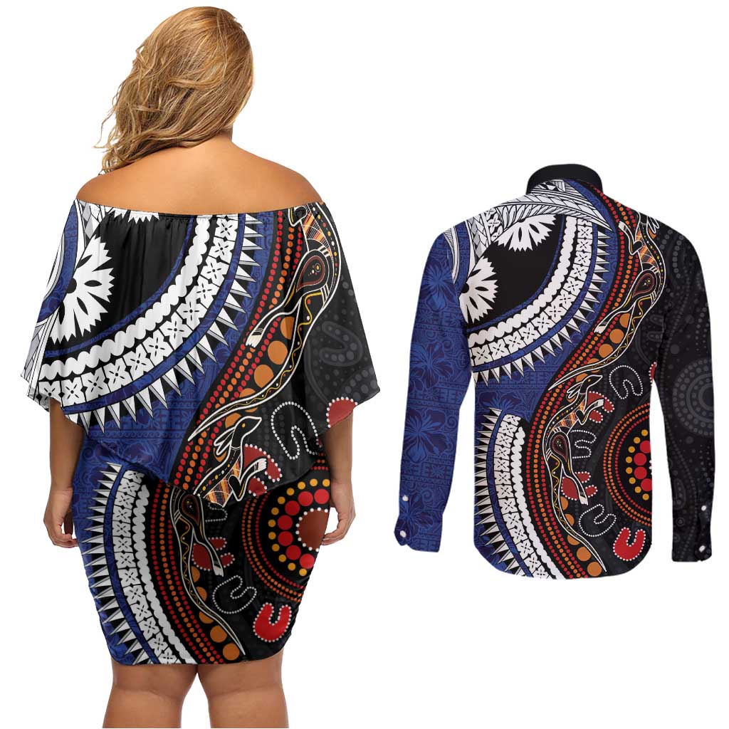 Fiji and Australia Together Couples Matching Off Shoulder Short Dress and Long Sleeve Button Shirt Kangaroo Aboriginal with Tribal Tapa Hibiscus Half Style - Aussie Hoodie