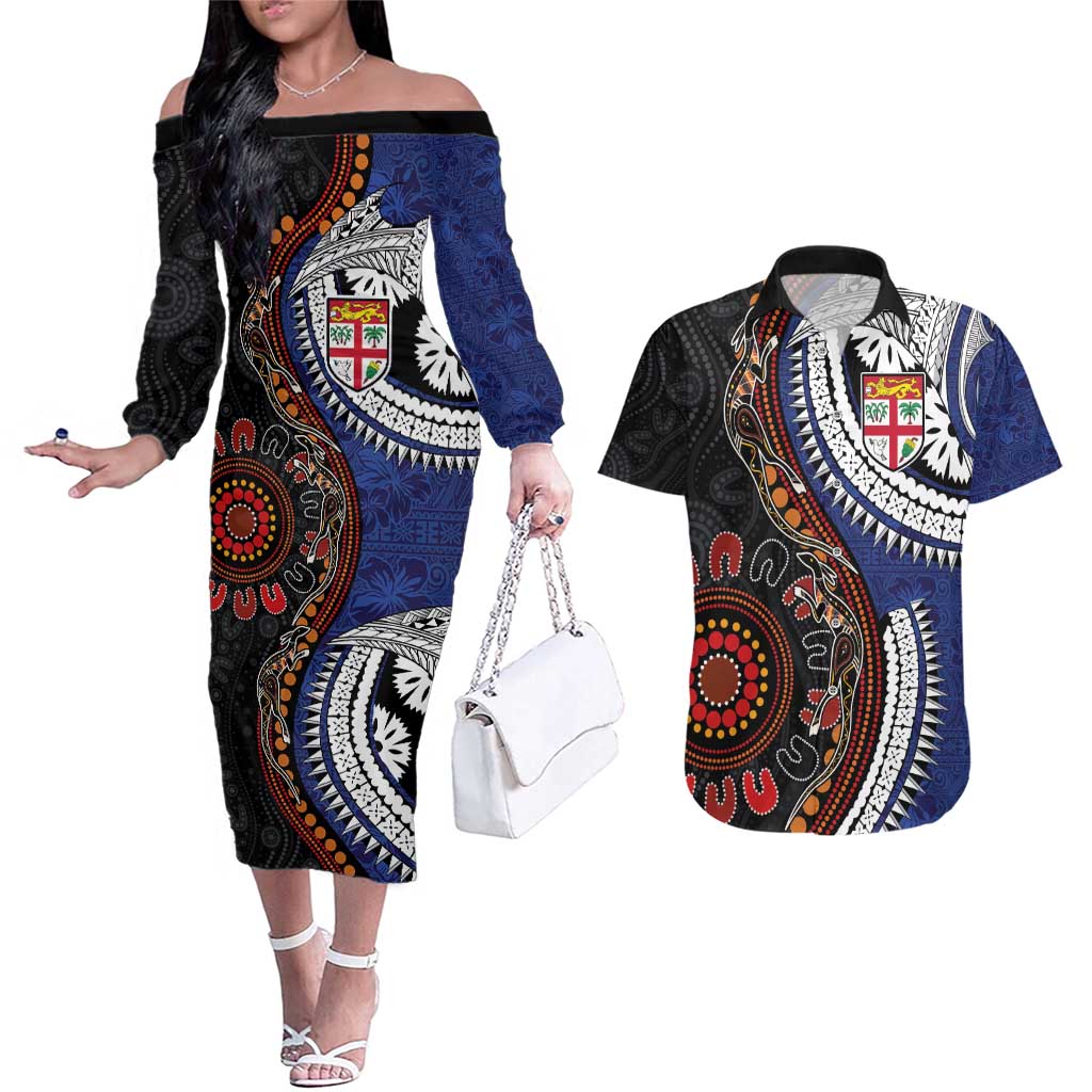 Fiji and Australia Together Couples Matching Off The Shoulder Long Sleeve Dress and Hawaiian Shirt Kangaroo Aboriginal with Tribal Tapa Hibiscus Half Style - Aussie Hoodie