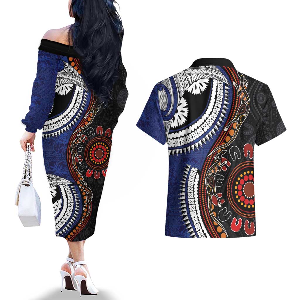 Fiji and Australia Together Couples Matching Off The Shoulder Long Sleeve Dress and Hawaiian Shirt Kangaroo Aboriginal with Tribal Tapa Hibiscus Half Style - Aussie Hoodie