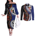 Fiji and Australia Together Couples Matching Off The Shoulder Long Sleeve Dress and Long Sleeve Button Shirt Kangaroo Aboriginal with Tribal Tapa Hibiscus Half Style - Aussie Hoodie