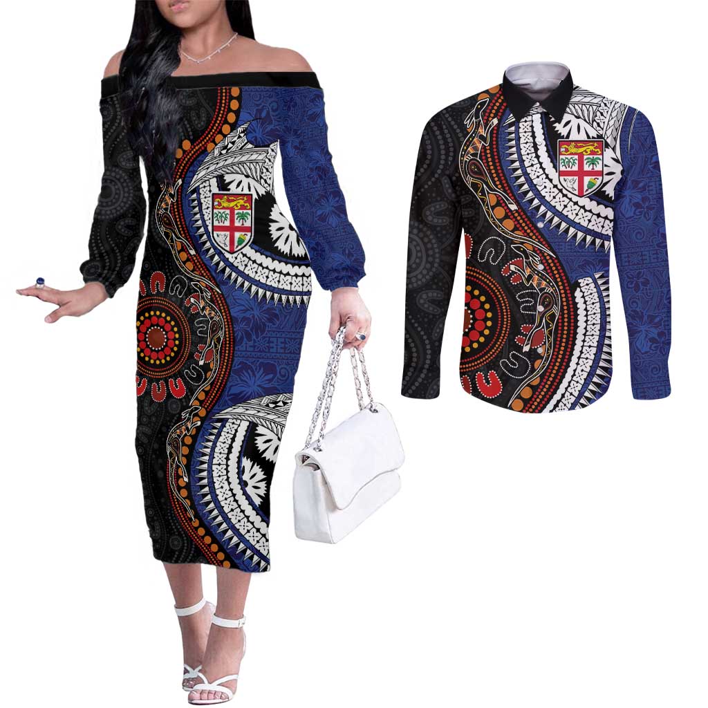 Fiji and Australia Together Couples Matching Off The Shoulder Long Sleeve Dress and Long Sleeve Button Shirt Kangaroo Aboriginal with Tribal Tapa Hibiscus Half Style - Aussie Hoodie