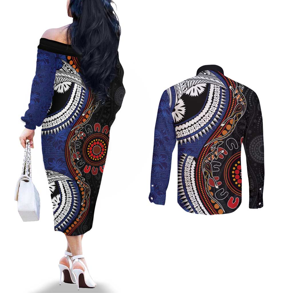 Fiji and Australia Together Couples Matching Off The Shoulder Long Sleeve Dress and Long Sleeve Button Shirt Kangaroo Aboriginal with Tribal Tapa Hibiscus Half Style - Aussie Hoodie