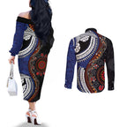 Fiji and Australia Together Couples Matching Off The Shoulder Long Sleeve Dress and Long Sleeve Button Shirt Kangaroo Aboriginal with Tribal Tapa Hibiscus Half Style - Aussie Hoodie