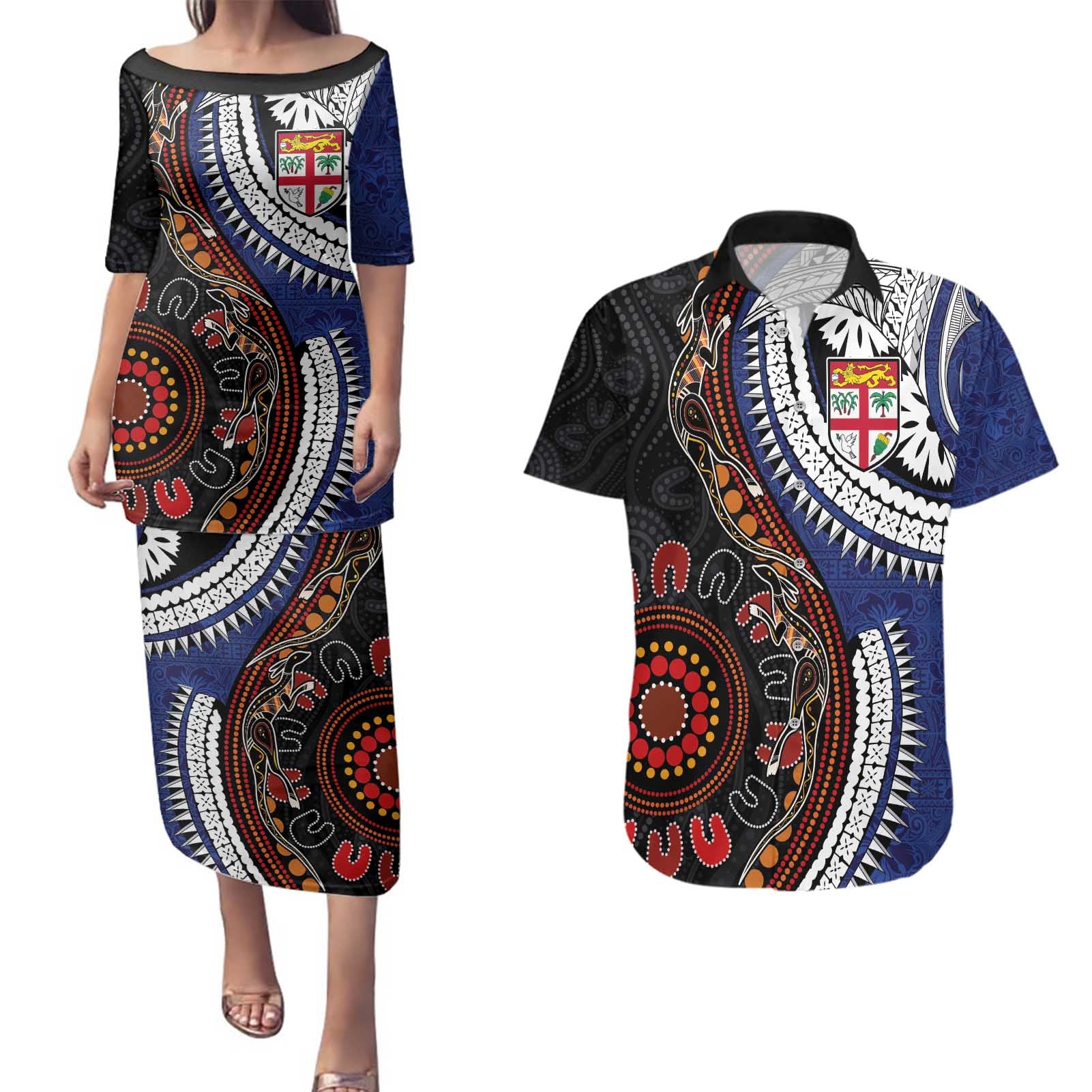Fiji and Australia Together Couples Matching Puletasi and Hawaiian Shirt Kangaroo Aboriginal with Tribal Tapa Hibiscus Half Style - Aussie Hoodie