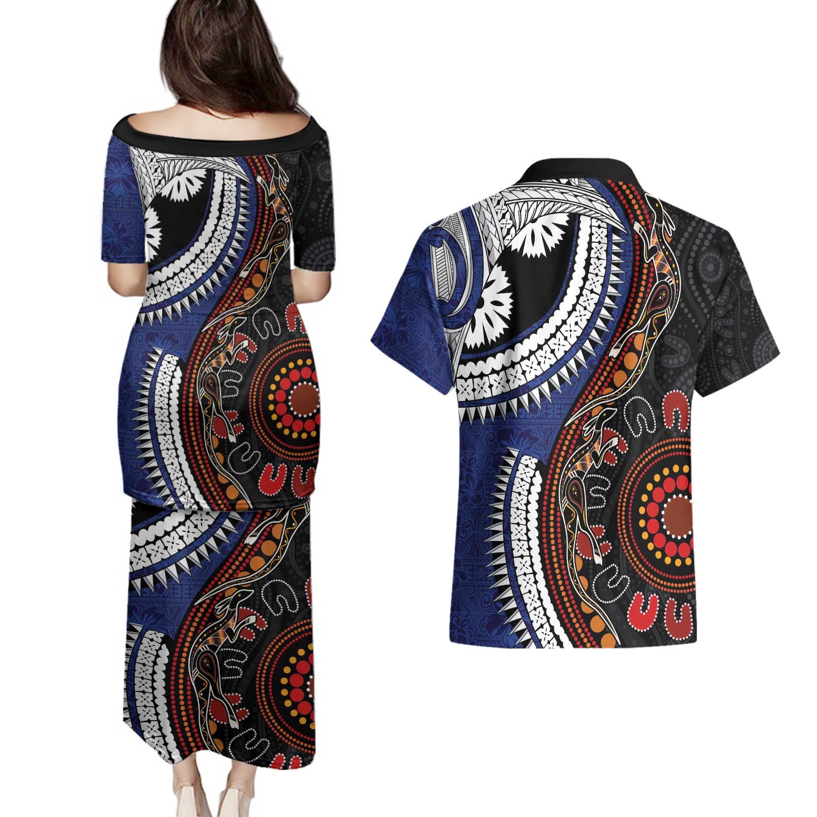 Fiji and Australia Together Couples Matching Puletasi and Hawaiian Shirt Kangaroo Aboriginal with Tribal Tapa Hibiscus Half Style - Aussie Hoodie