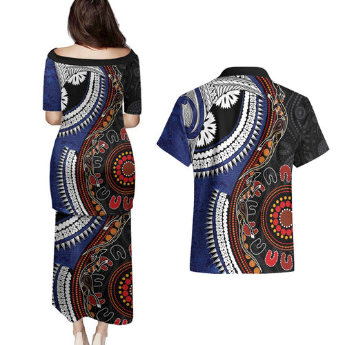 Fiji and Australia Together Couples Matching Puletasi and Hawaiian Shirt Kangaroo Aboriginal with Tribal Tapa Hibiscus Half Style - Aussie Hoodie