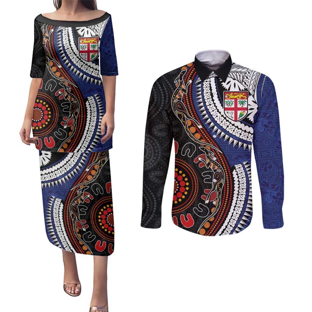 Fiji and Australia Together Couples Matching Puletasi and Long Sleeve Button Shirt Kangaroo Aboriginal with Tribal Tapa Hibiscus Half Style - Aussie Hoodie