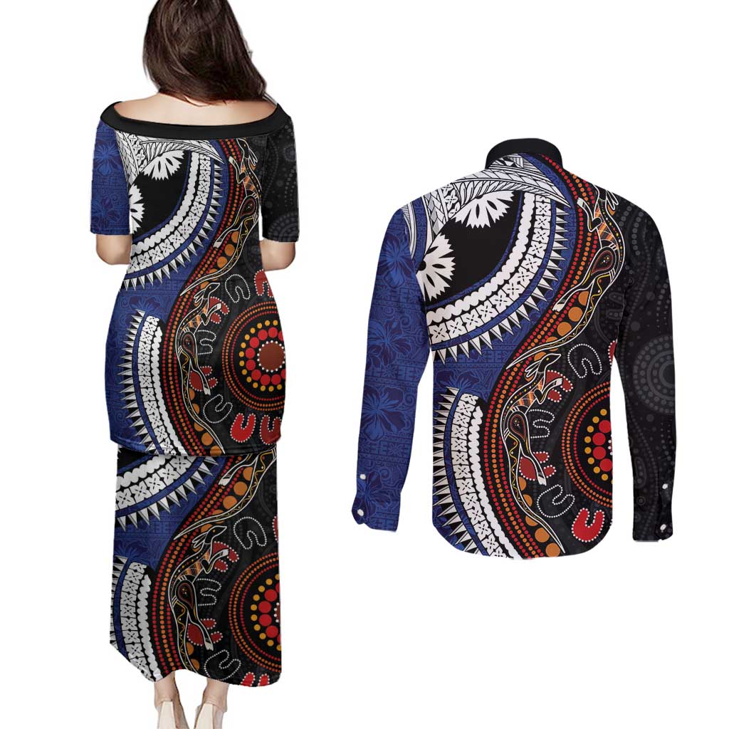 Fiji and Australia Together Couples Matching Puletasi and Long Sleeve Button Shirt Kangaroo Aboriginal with Tribal Tapa Hibiscus Half Style - Aussie Hoodie