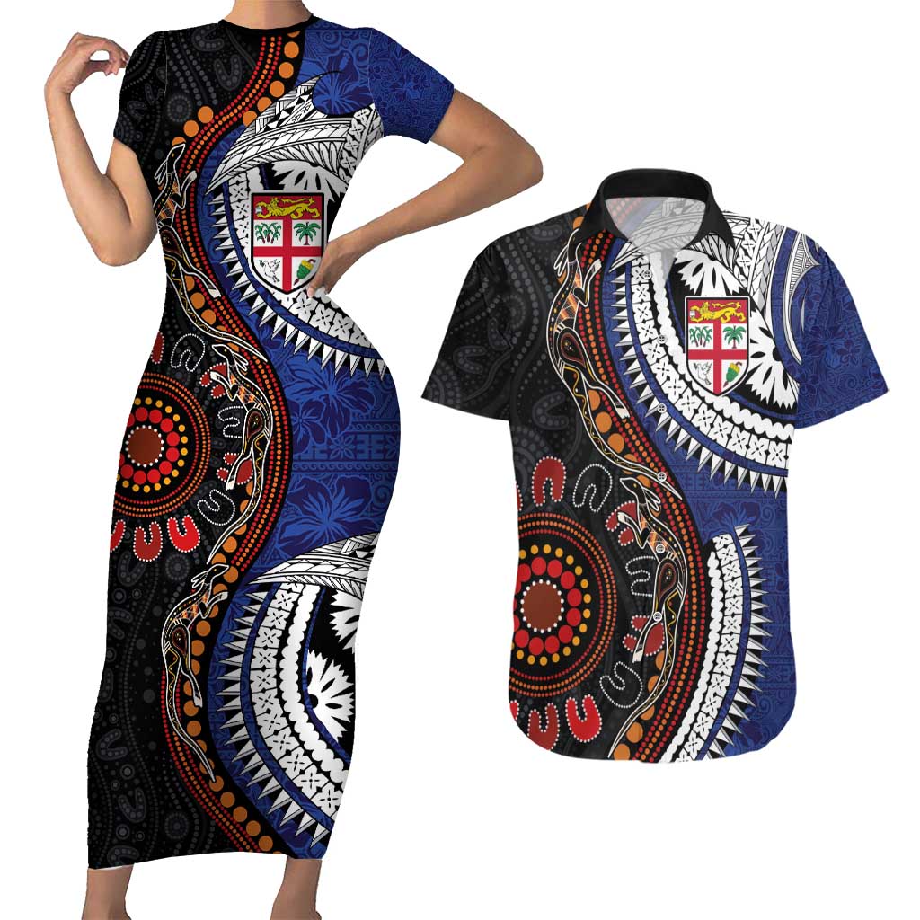 Fiji and Australia Together Couples Matching Short Sleeve Bodycon Dress and Hawaiian Shirt Kangaroo Aboriginal with Tribal Tapa Hibiscus Half Style - Aussie Hoodie