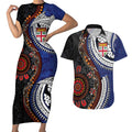Fiji and Australia Together Couples Matching Short Sleeve Bodycon Dress and Hawaiian Shirt Kangaroo Aboriginal with Tribal Tapa Hibiscus Half Style - Aussie Hoodie
