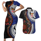 Fiji and Australia Together Couples Matching Short Sleeve Bodycon Dress and Hawaiian Shirt Kangaroo Aboriginal with Tribal Tapa Hibiscus Half Style - Aussie Hoodie