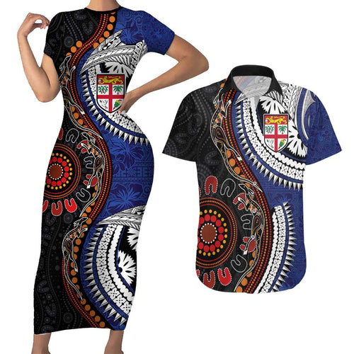 Fiji and Australia Together Couples Matching Short Sleeve Bodycon Dress and Hawaiian Shirt Kangaroo Aboriginal with Tribal Tapa Hibiscus Half Style - Aussie Hoodie