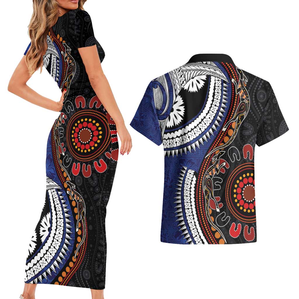 Fiji and Australia Together Couples Matching Short Sleeve Bodycon Dress and Hawaiian Shirt Kangaroo Aboriginal with Tribal Tapa Hibiscus Half Style - Aussie Hoodie