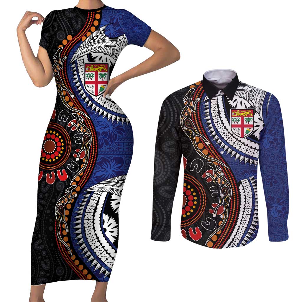 Fiji and Australia Together Couples Matching Short Sleeve Bodycon Dress and Long Sleeve Button Shirt Kangaroo Aboriginal with Tribal Tapa Hibiscus Half Style - Aussie Hoodie