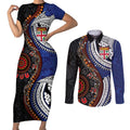 Fiji and Australia Together Couples Matching Short Sleeve Bodycon Dress and Long Sleeve Button Shirt Kangaroo Aboriginal with Tribal Tapa Hibiscus Half Style - Aussie Hoodie