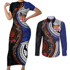 Fiji and Australia Together Couples Matching Short Sleeve Bodycon Dress and Long Sleeve Button Shirt Kangaroo Aboriginal with Tribal Tapa Hibiscus Half Style - Aussie Hoodie