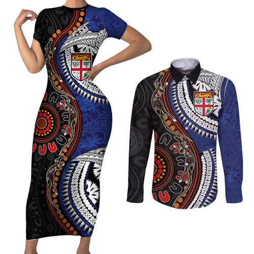 Fiji and Australia Together Couples Matching Short Sleeve Bodycon Dress and Long Sleeve Button Shirt Kangaroo Aboriginal with Tribal Tapa Hibiscus Half Style - Aussie Hoodie