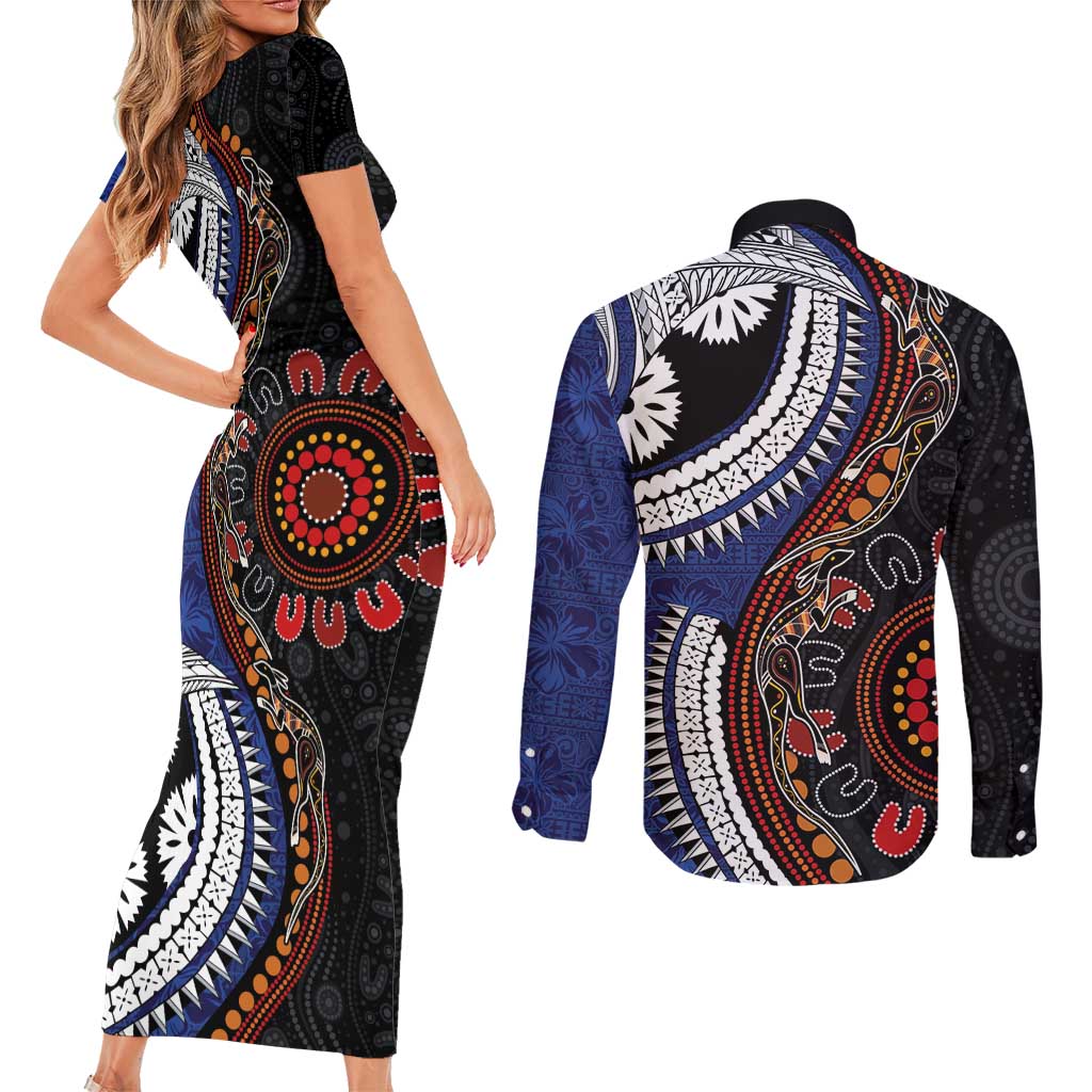 Fiji and Australia Together Couples Matching Short Sleeve Bodycon Dress and Long Sleeve Button Shirt Kangaroo Aboriginal with Tribal Tapa Hibiscus Half Style - Aussie Hoodie