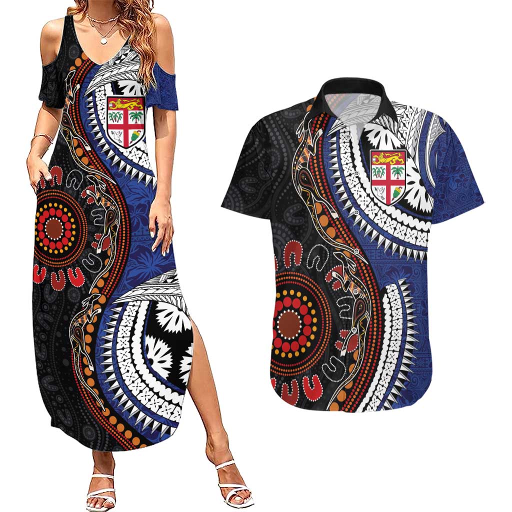Fiji and Australia Together Couples Matching Summer Maxi Dress and Hawaiian Shirt Kangaroo Aboriginal with Tribal Tapa Hibiscus Half Style - Aussie Hoodie