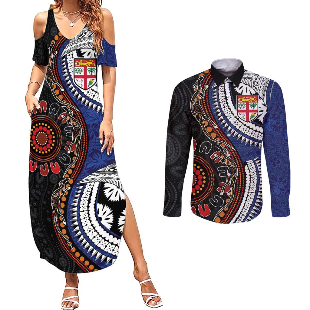 Fiji and Australia Together Couples Matching Summer Maxi Dress and Long Sleeve Button Shirt Kangaroo Aboriginal with Tribal Tapa Hibiscus Half Style - Aussie Hoodie