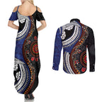 Fiji and Australia Together Couples Matching Summer Maxi Dress and Long Sleeve Button Shirt Kangaroo Aboriginal with Tribal Tapa Hibiscus Half Style - Aussie Hoodie