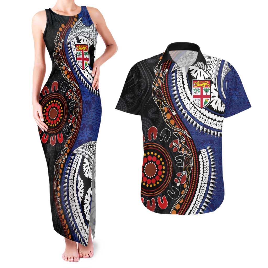 Fiji and Australia Together Couples Matching Tank Maxi Dress and Hawaiian Shirt Kangaroo Aboriginal with Tribal Tapa Hibiscus Half Style - Aussie Hoodie