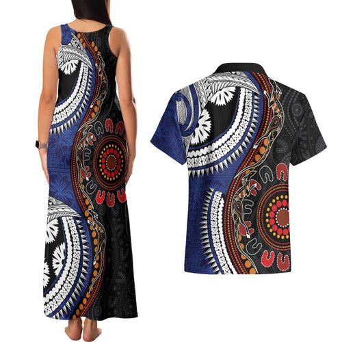 Fiji and Australia Together Couples Matching Tank Maxi Dress and Hawaiian Shirt Kangaroo Aboriginal with Tribal Tapa Hibiscus Half Style - Aussie Hoodie