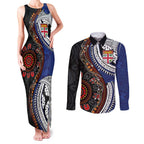 Fiji and Australia Together Couples Matching Tank Maxi Dress and Long Sleeve Button Shirt Kangaroo Aboriginal with Tribal Tapa Hibiscus Half Style - Aussie Hoodie
