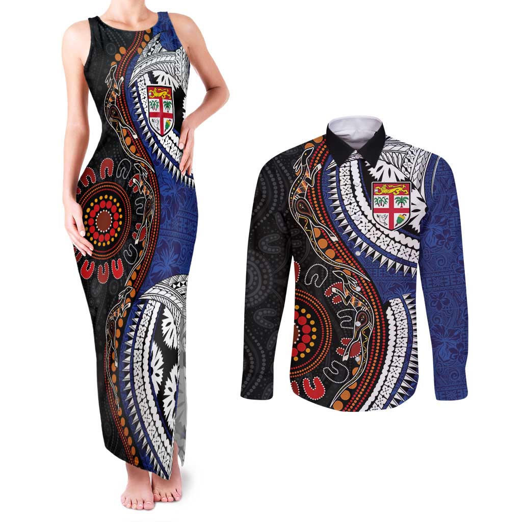 Fiji and Australia Together Couples Matching Tank Maxi Dress and Long Sleeve Button Shirt Kangaroo Aboriginal with Tribal Tapa Hibiscus Half Style - Aussie Hoodie