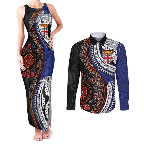 Fiji and Australia Together Couples Matching Tank Maxi Dress and Long Sleeve Button Shirt Kangaroo Aboriginal with Tribal Tapa Hibiscus Half Style - Aussie Hoodie