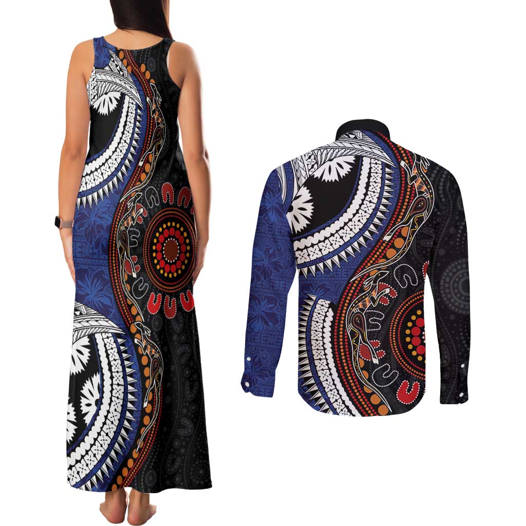 Fiji and Australia Together Couples Matching Tank Maxi Dress and Long Sleeve Button Shirt Kangaroo Aboriginal with Tribal Tapa Hibiscus Half Style - Aussie Hoodie
